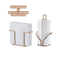 Kit Suporte Rolo Papel Toalha + Porta Guardanapos Rose Gold