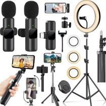 Kit Suporte Smartphone Tripé Iluminador Profissional + Microfone Sem Fio Duplo Gravar Vídeo No Celular Selfie Entrevista