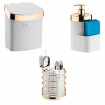 Kit Suporte Talheres, Detergente e Lixeira Branco/Dourado Kit Suporte Talheres, Detergente e Lixeira Branco/Dourado