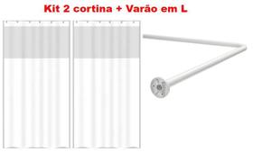 Kit Suporte Varão Banheiro Curvo Em L + 2 Cortina Box Branca - Maxeb