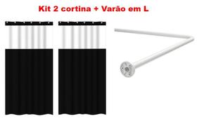 Kit Suporte Varão Banheiro Curvo Em L c/ 2 Cortina Box Preta - Maxeb