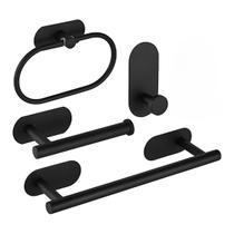 Kit Suportes de Banheiro Preto Fosco Aço Inox 304 Sem Furo Adesivo 3M 4 peças