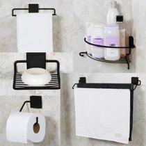 Kit Suportes Para Banheiro em Aço toalheiro duplo rosto shampoo de canto saboneteira papel higiênico aço preto aramado