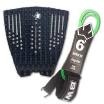 Kit Surfe Banana Wax Leash Regular 6 Pés + Deck BNW Preto Cor:Verde Neon Kit Surfe Banana Wax Leash Regular 6 Pés + Deck BNW Preto Cor:Verde Neon