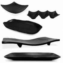 Kit Sushi 5 Pecas em Melamina / Plastico Preto Travessas e Molheira Bestfer