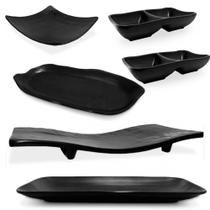 Kit Sushi 6 Pecas em Melamina / Plastico Preto Travessas e Molheira Bestfer