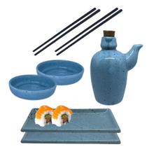 Kit Sushi Comida Japonesa Porcelana 2 Pessoas Azul Mesclado 7 peças + Hashi Molheira 110mL