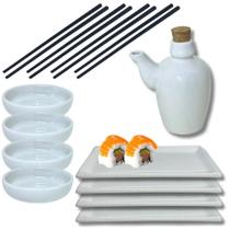 Kit Sushi Comida Japonesa Porcelana 4 Pessoas Branco 9 peças + Hashi Molheira 110mL