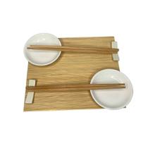 Kit Sushi E Molheira Com 7 Peças Em Bambu E Cerâmica Branco