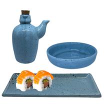 Kit Sushi Oriental Azul 8 pessoas para Comida Japonesa Molheira para shoyu 10cm e Jarra armazenar porta shoyu com rolha - Prattos