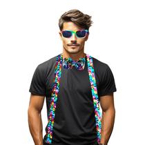 Kit Suspensório Arco-Íris LGBT Lantejoula Paetê: Óculos + Gravata + Suspensório - 3 Produtos