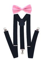 Kit Suspensório Azul Marinho + Gravata Borboleta Rosa Bebê