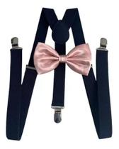 Kit Suspensório Azul Marinho + Gravata Borboleta Rosê Gold