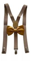 Kit Suspensório Bege + Gravata Borboleta Dourada Ref:244/247