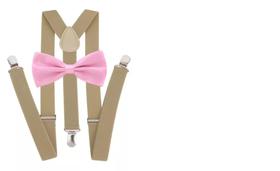 Kit Suspensório Bege + Gravata Borboleta Rosa Bebê Ref: 244/247