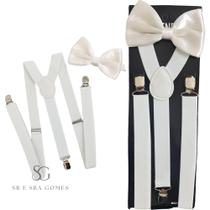 Kit Suspensório Branco + Gravata Borboleta Adulto Para Padrinhos e Eventos