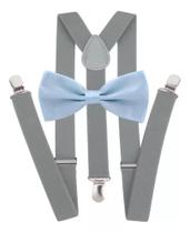 Kit Suspensório Cinza + Gravata Borboleta Azul Bebê