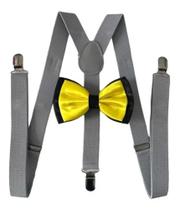 Kit Suspensório Cinza+ Gravata Borboleta Dupla Preto/amarelo Ref 244/249