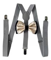 Kit Suspensório Cinza + Gravata Borboleta Dupla Preto/bege Ref 244/249