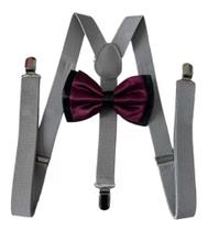 Kit Suspensório Cinza+ Gravata Borboleta Dupla Preto/uva Ref 244/249