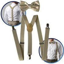 Kit Suspensório e Gravata Borboleta Masculino Adulto Bege Premium para Casamento Festa Social Elegante Moda Noivo Padrinho Look Clássico Completo