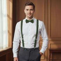 Kit Suspensório e Gravata Borboleta Verde Oliva Adulto Casamento Formatura Uniforme