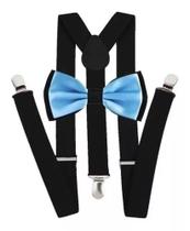 Kit Suspensório Preto Gravata Borboleta Dupla Azul Bebê