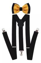 Kit Suspensório Preto + Gravata Borboleta Dupla Dourado Ref 244/249