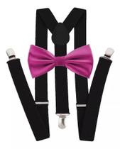 Kit Suspensório Preto + Gravata Borboleta Rosa Pink R: 244/247