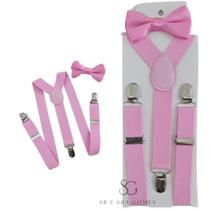Kit Suspensório Rosa Claro + Gravata Borboleta Infantil Para Pajens e Eventos