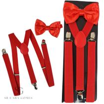 Kit Suspensório Vermelho + Gravata Borboleta Adulto Para Padrinhos e Eventos