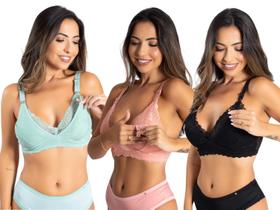 Kit Sutia Amamentação c/ 3 Sem Bojo Com Abotoador Alças Reforçadas Lingerie Maternidade Gestante