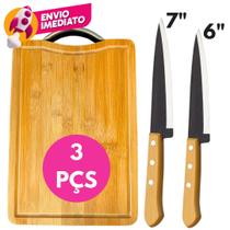 Kit Tábua Corte 33Cm Em Madeira Bambu E 2 Faca Peixeira Profissional Tamanho 7 e 6 Polegadas