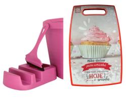 Kit Tabua de Corte Cup Cake SQ + Porta Detergente e Rodinho de Pia Rosa