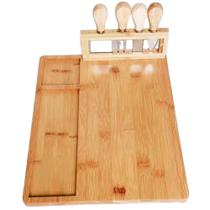 Kit Tábua De Queijos E Frios Para Servir Em Bambu Com Facas