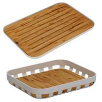 Kit Tábua Migalheira 33x23cm Porta Pão e Bandeja para Servir 35x29cm Retangular Bambu Ou