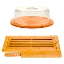 Kit Tábua para cortar pães migalheira de bambu com faca boleira tampa acrílico bolo torta mesa posta - Tábua para pães com Faca + Porta Bolo