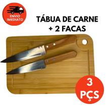 Kit Tábua Para Corte Em Madeira Bambu E Facas Cozinha Peixeira Profissional 7” e 6” Comida Chef