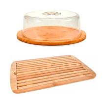 Kit Tábua para pães migalheira boleira bambu decorativa porta bolo doce mesa posta hotel restaurante - Tábua para pães + Porta Bolo