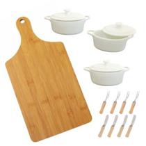 Kit Tábua Petisqueira com Mini Panelinhas Garfinhos e Espátulas 12 Peças Para Servir