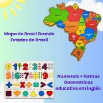 Kit Tabuleiro Didatico Encaixe Numero Formas e Mapa do Brasil Estados Madeira