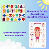Kit Tabuleiro Didatico Encaixe Numero Formas e Quebra Cabeça Corpo Humano Menina