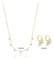 Kit Taiane - Colar + Brinco Argola Zircônias Cristal banhado em ouro 18k