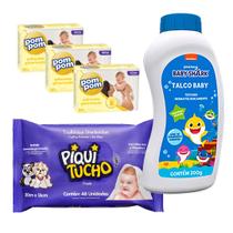 Kit Talco Babyshark 200g, Lenço Piquitucho 48Un, 3x Sabonete Pom Pom Glicerinado 80g