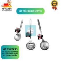 Kit Talher de Servir 3 Peças Aço Inox Colher Arroz, Concha Feijão e Escumadeira Resistentes