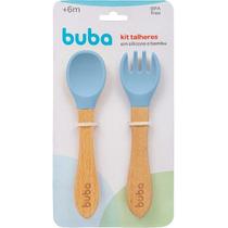 Kit Talher de Silicone e Bambu Garfo Colher de Bebe Buba Azul