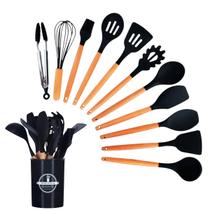 Kit Talheres 12 Utensílios De Cozinha Silicone Cabo Bambu Madeira Conjunto Talheres Colheres Escumadeira Colher Concha Bambu