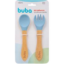 Kit Talheres Azul Infantil De Silicone E Bambu 15825 - Buba Kit Talheres Azul Infantil De Silicone E Bambu 15825 - Buba
