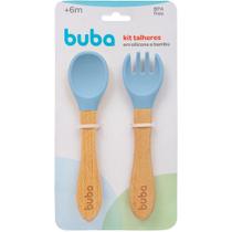 Kit Talheres Azul Infantil De Silicone E Bambu 15825 - Buba Kit Talheres Azul Infantil De Silicone E Bambu 15825 - Buba