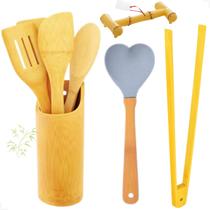 Kit Talheres Bambu Utensílios Colher de Pau Espátulas c Suporte Cozinha Essencial Completo